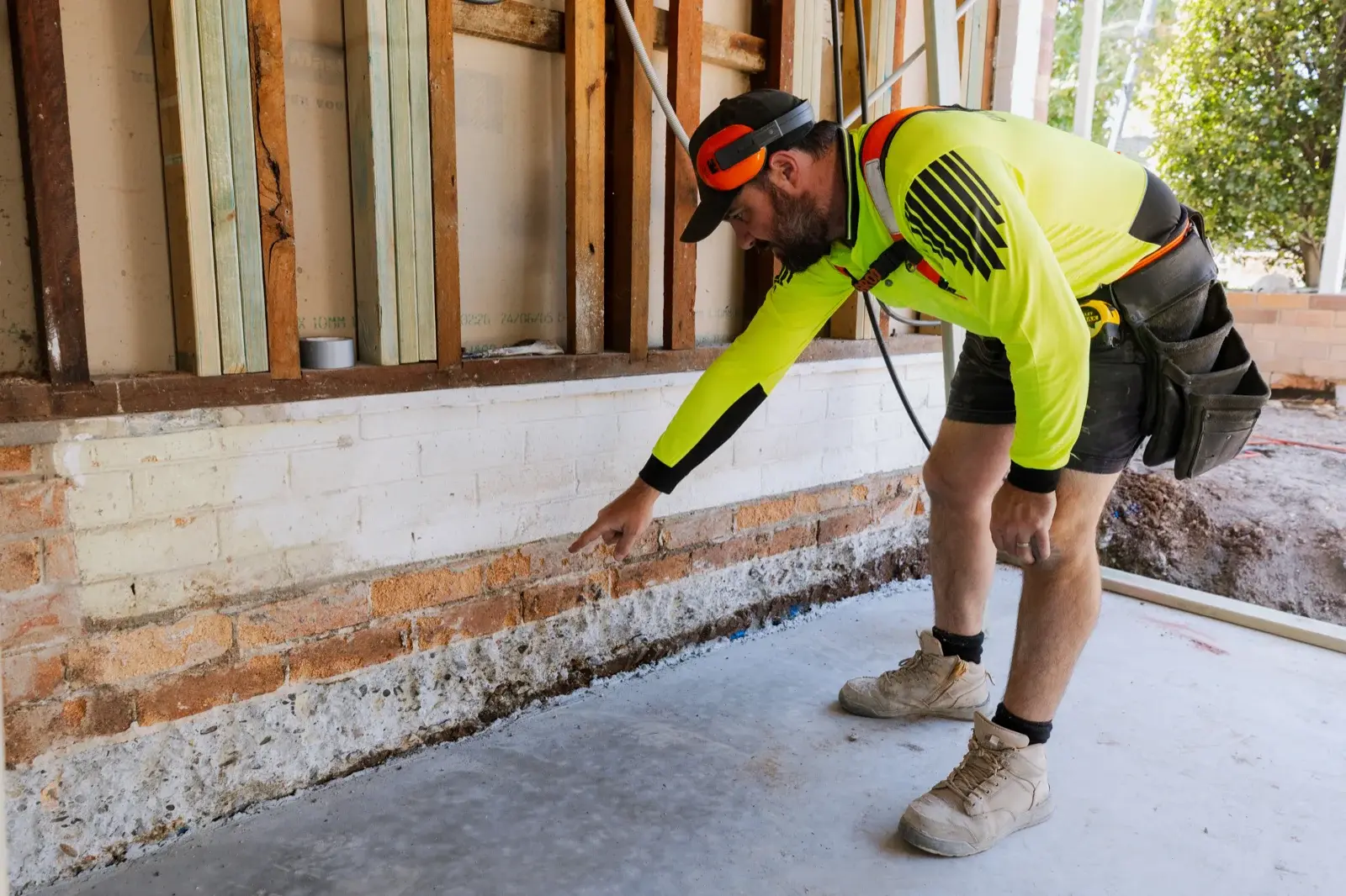 Tomas Farr pointing at exposed foundation footing during Tarragindi renovation in Brisbane — identifying a structural issue caught early due to on-site builder presence