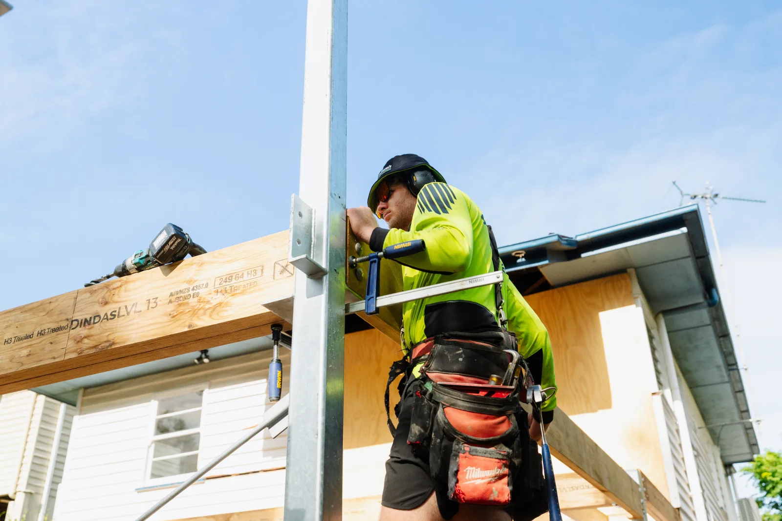 Steel post framing during Brisbane house extension by Farr Constructions